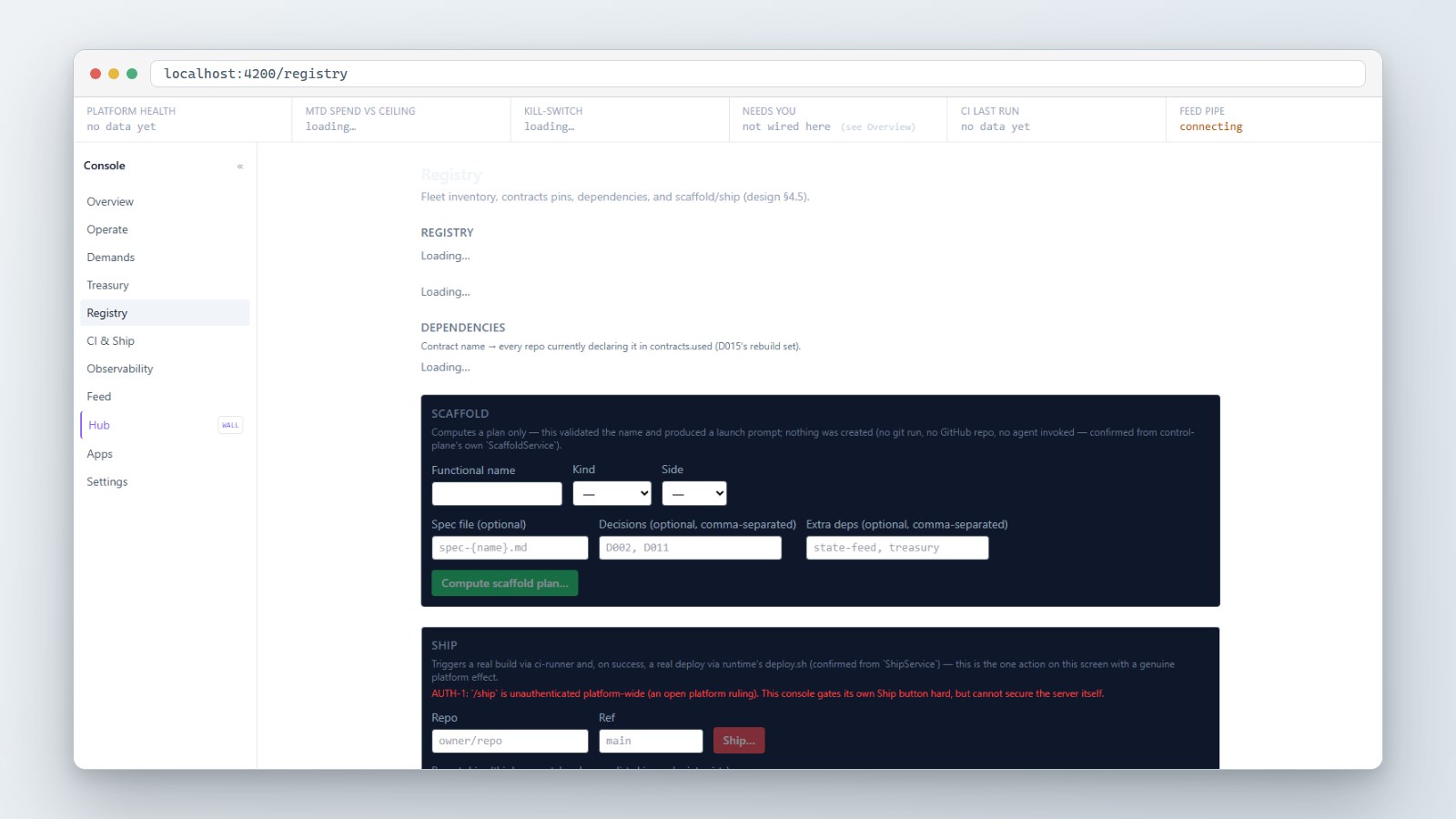 The platform dashboard console’s Registry screen, showing fleet scaffold and ship controls.